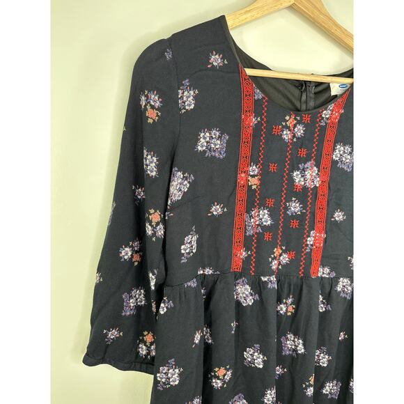Old Navy Blue Floral Print Long Sleeve Embroidered Dress Women Medium Boho - Picture 4 of 10